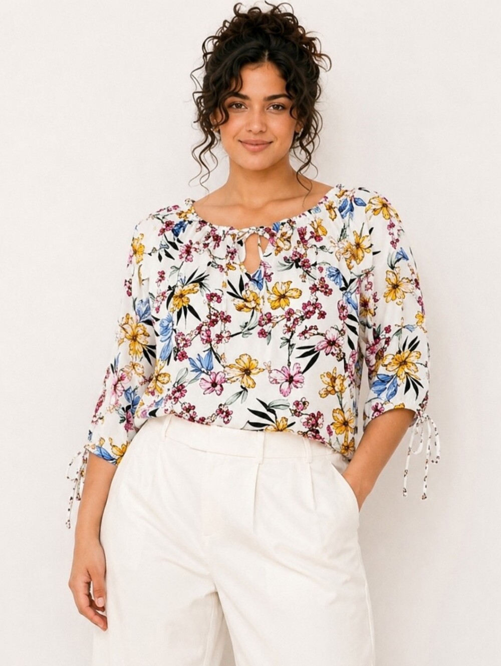 Floral Peasant Blouse L- XL Tie Neck Boho Cottagecore Tunic Top
